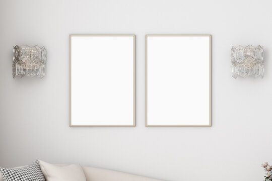 Mockup poster in living room and two frame A4, 3d render