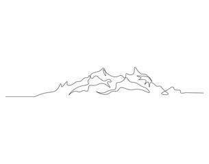 Continuous line drawing of mountain range. Mounts and high peak in simple line. Mountain continuous line art. Editable outline.