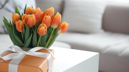 Orange Tulip Bouquet in Gift Box on Coffee Table
