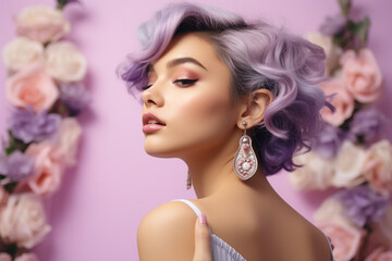 Studio portrait of a Gen Z lady in a whimsical setting, flaunting her ear and diva style against a dreamy lavender background.
