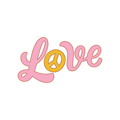 Hand drawn lettering design. The inscription: Love. 60s and 70s style. Perfect design for greeting cards, posters, T-shirts, banners, print invitations.