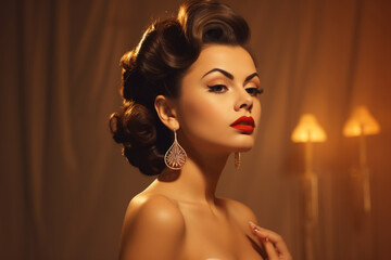 Studio shot of a retro-inspired woman, showcasing her diva style and ear against a timeless sepia-toned background.