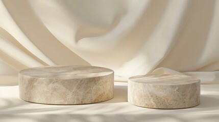 A stone podium for the presentation of any product on a minimalist beige background with natural shadows of leaves.