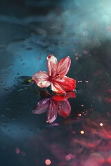 A red flower is floating on the surface of a body of water. The water is blue and the flower is the only thing visible in the image