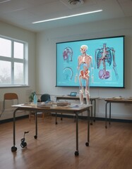 A contemporary anatomy classroom featuring a human skeleton model in front of a digital display showing detailed body systems.