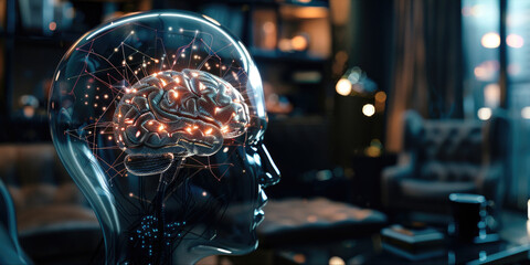 A brain made of wires and lights is displayed in a room. Scene is futuristic and technological