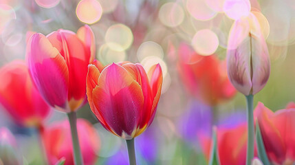 background with tulip flower bokeh in red and pink and orange