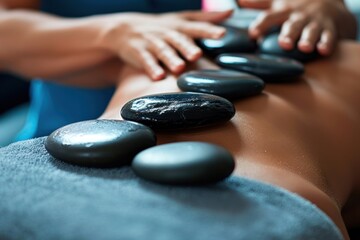 Close-up of a woman enjoying a rejuvenating hot stone massage therapy session in a serene and peaceful spa environment