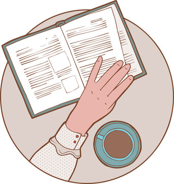 une main posée sur un livre ouvert avec une tasse de café vu de dessus