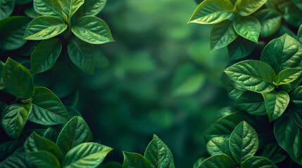 Close-up of dense green leaves with a dark background. - obrazy, fototapety, plakaty