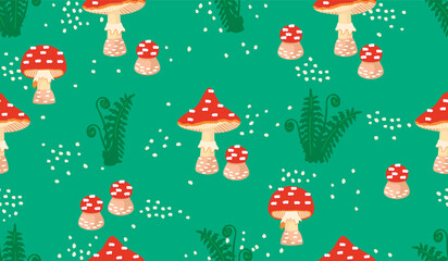 Fototapeta premium Bright seamless pattern with fly agaric and fern.Cartoon background with amanita and forest plant.Red, green and beige colors.Floral vector design for printing on fabric and paper,cover,wallpaper.