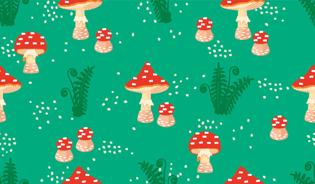 Bright seamless pattern with fly agaric and fern.Cartoon background with amanita and forest plant.Red, green and beige colors.Floral vector design for printing on fabric and paper,cover,wallpaper.