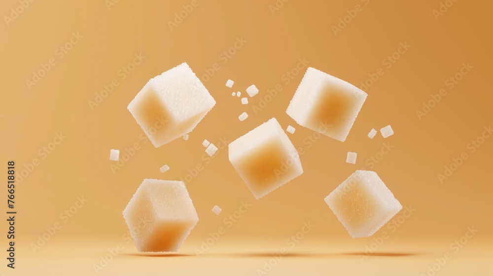 Poster a group of sugar cubes floating in the air. the cubes are scattered in various directions, creating 