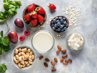 A bowl of nuts and a glass of milk are on a table with other fruits and nuts. The table is covered...