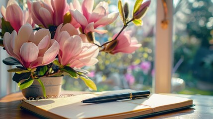 arrangement of tulips next to notebook with pen on brown table