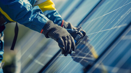 Portrait of hand on solar panels, electrical technician installing solar panels on roof top wearing safety equipments and electrical gloves - obrazy, fototapety, plakaty