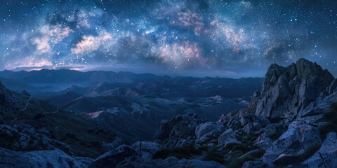 A beautiful night sky with a large mountain range in the background. The stars are shining brightly...