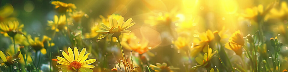 banner Yellow flowers like Jerusalem artichokes backlit by sun rays on a summer meadow with warm light