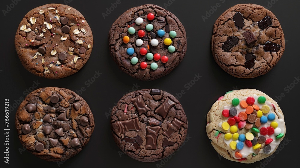 Aufkleber a row of six different colored cookies with various toppings. the cookies are arranged in a row on a