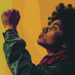 A powerful illustration of a person raising their fist in a gesture of empowerment and defiance, set against a vivid yellow backdrop