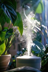 A white diffuser with a white lid sits on a table next to a plant. The diffuser is emitting steam, creating a calming atmosphere