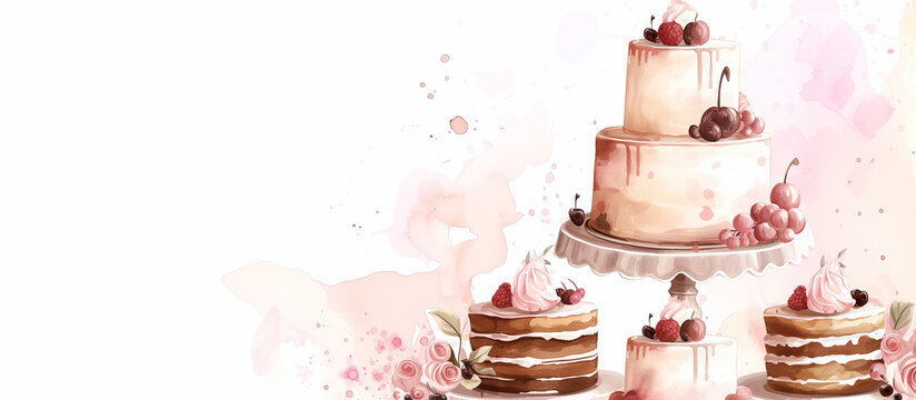 Watercolor sweet cake dessert for bakery logo. illustration hand painted for birthday decorations