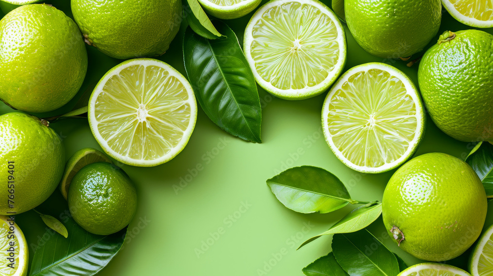 Poster A burst of citrus vitality with fresh limes and vibrant leaves on bright background form a natural frame.