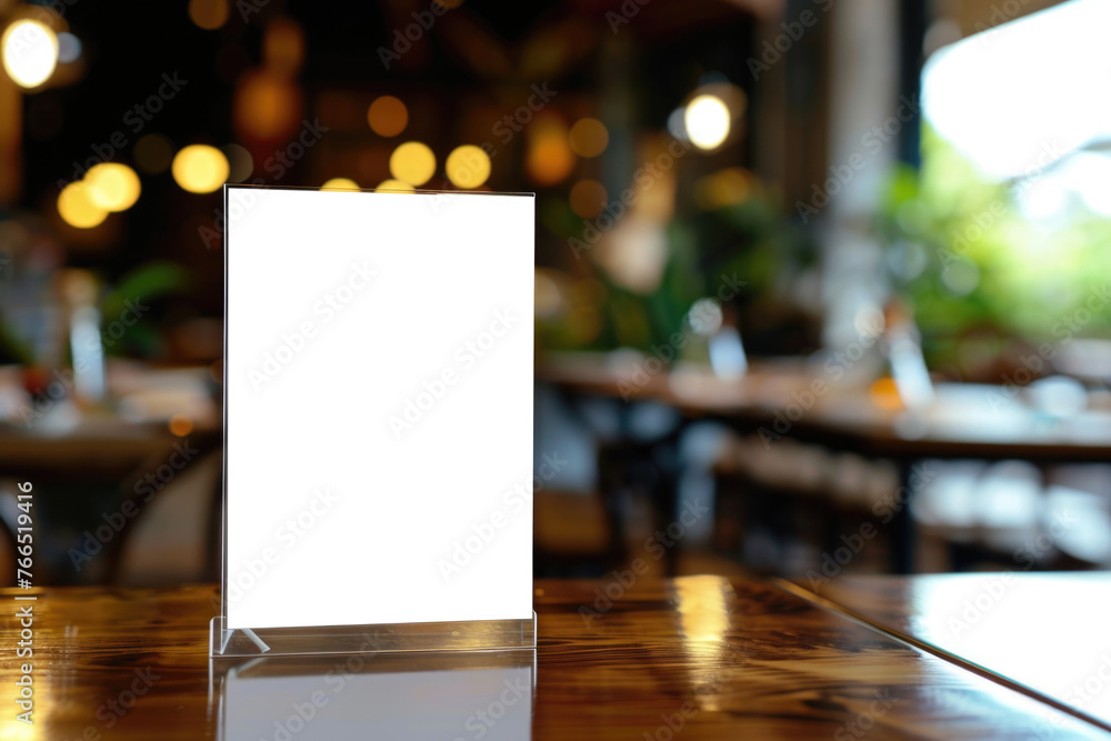 Poster a white sign sits on a table in a restaurant. the sign is empty and the table is surrounded by chair