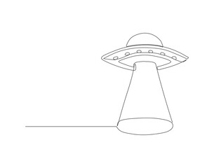 Continuous line drawing of UFO. One line of outer space concept. UFO continuous line art. Editable outline.