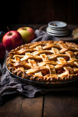 Golden-baked Homemade Apple Pie Amidst Rustic Setting