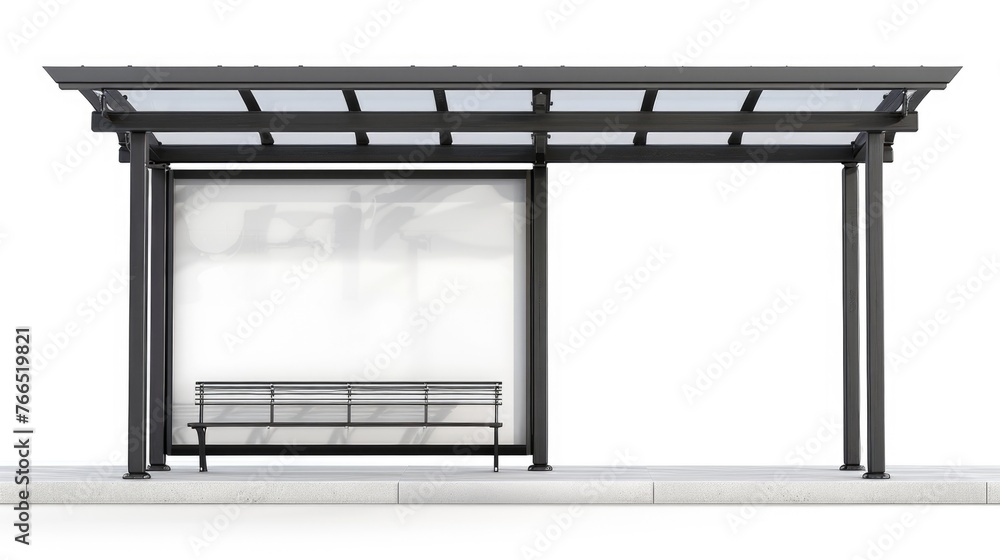 Poster a large, empty bus stop with a bench and a sign