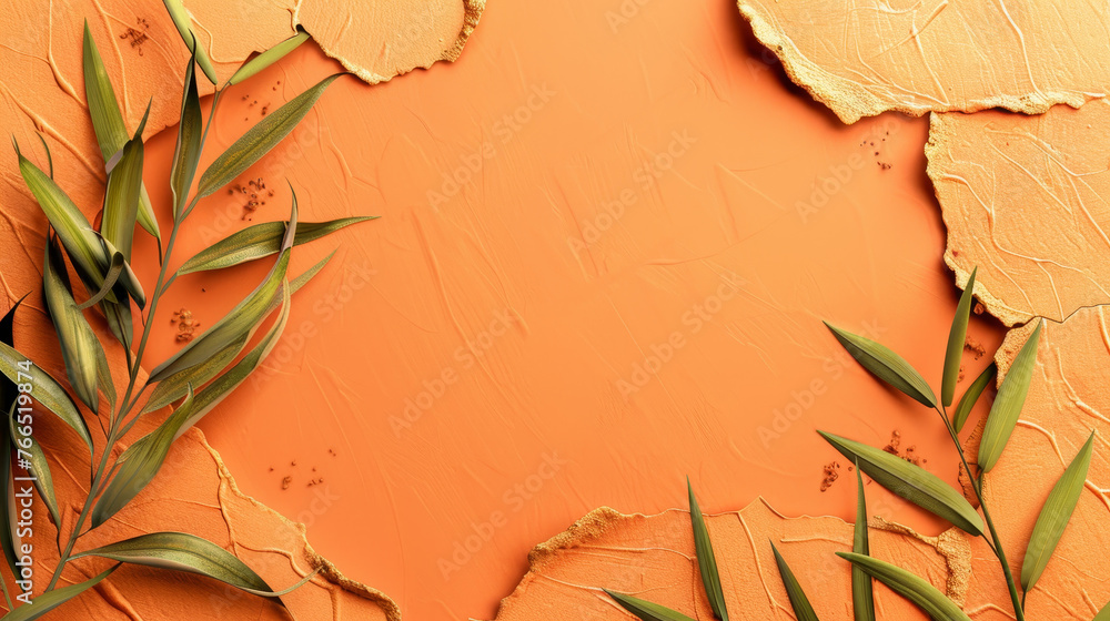 Poster Fresh tropical leaves peeking through a vibrant orange textured frame.