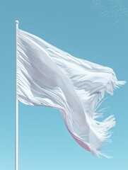 A white flag with frayed edges is blowing in the wind. The flag is on a pole and the sky is blue