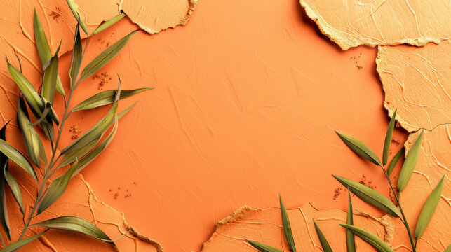 Fresh tropical leaves peeking through a vibrant orange textured frame.