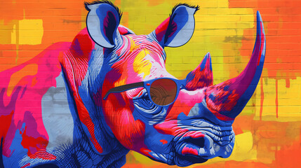 
pop art, colorful rhino with sunglasses - obrazy, fototapety, plakaty