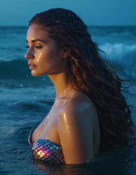 A serene woman with mermaid-inspired attire emerges from the sea at dusk, her wet hair and shimmering top glinting under the fading light.