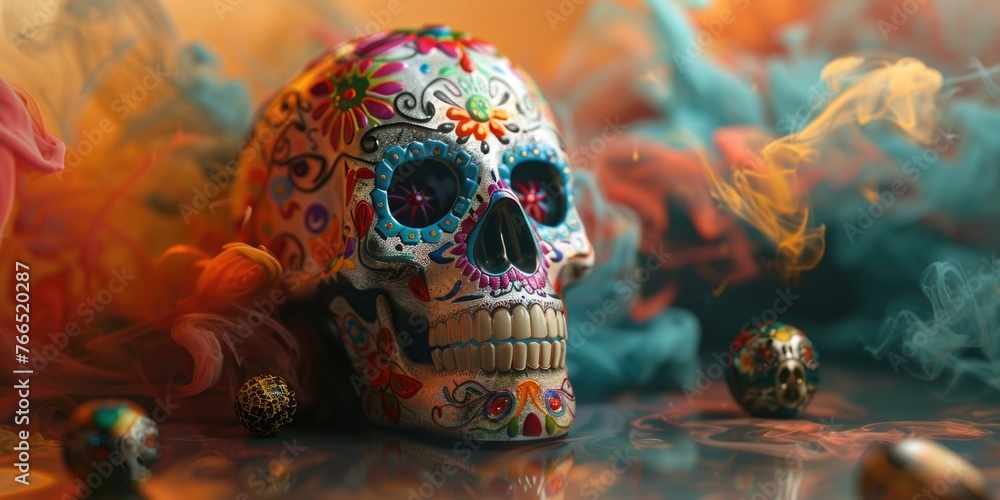 Poster a skull with colorful decorations is on a table next to some small balls. the skull is surrounded by
