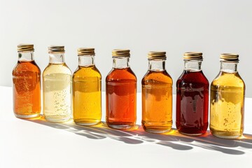 Collection of Various Grades of Maple Syrup in Glass Bottles on White Background, Assortment of Gourmet Organic Syrups Displayed in Elegant Packaging