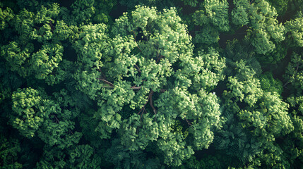 Aerial rainforest tree dense with evergreen leaves, Aerial view of green pine forest with dark spruce trees. Northern woodland scenery from above, Generative AI 
