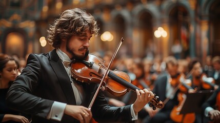 A male violinist with tousled hair intently plays in a formal orchestra, his dynamic bowing capturing the performance's fervor against a blurred backdrop of fellow musicians. - obrazy, fototapety, plakaty