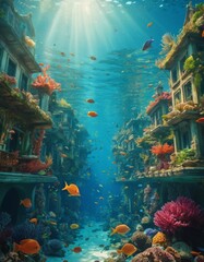 An underwater fantasy scene with buildings covered in coral and fish swimming amongst the ruins, evoking a lost aquatic city.