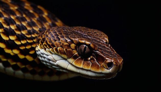 The image focuses on the textured scales of a coiled snake, its eyes sharp and alert, embodying both the danger and beauty of these reptiles.