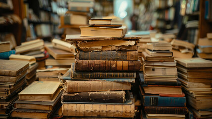 Stacks of various old books.