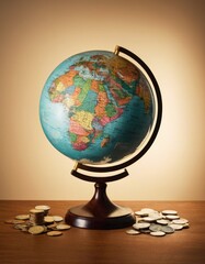 A vintage globe surrounded by stacks of coins suggests themes of global trade, economics, and investment in a simple yet powerful composition.