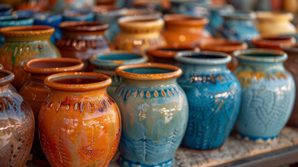 Fototapeta na wymiar A variety of colorful ceramic pots lined up