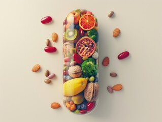 A pill shaped like a fruit salad with a variety of fruits and nuts. The pill is surrounded by a variety of fruits and nuts, including apples, oranges, bananas, and almonds