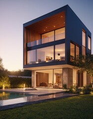 An image capturing the sleek lines and warm interior lighting of a modern cubist house at dusk, with a reflection pool enhancing its architectural beauty