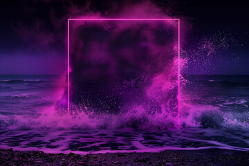 Neon Ocean Fantasy Amidst Waves, Frame, Boarder, AI Generated