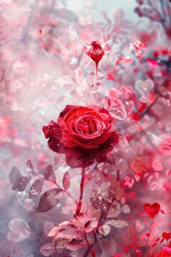A red rose is the main focus of the image, surrounded by pink flowers and leaves. Scene is romantic and delicate, with the rose being the centerpiece of the scene