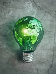 A green light bulb with a globe of the earth on it. Concept of hope and progress, as the light bulb represents a source of energy